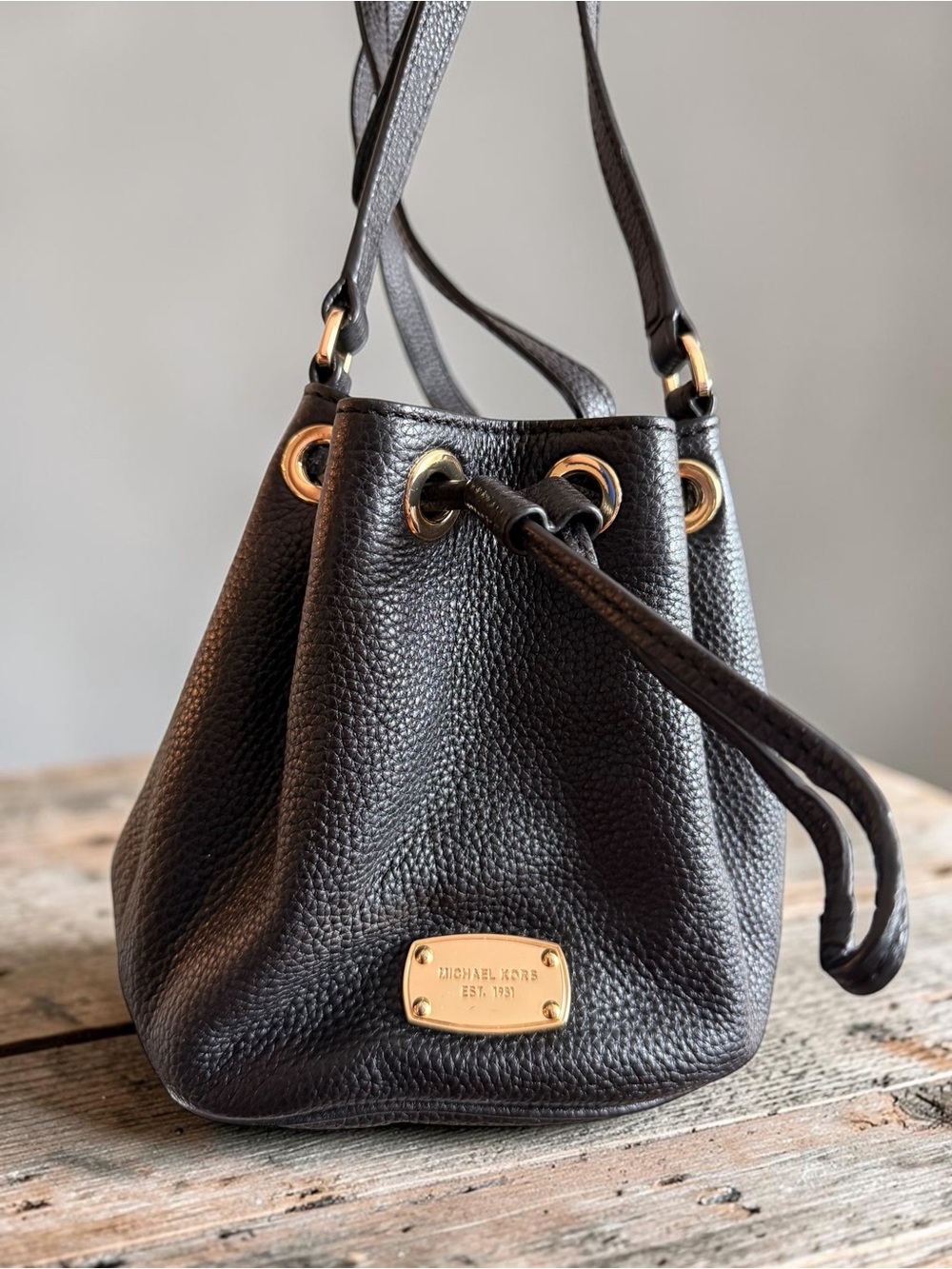 Michael Kors Black Pebbled Jules Leather Drawstring Bucket Bag